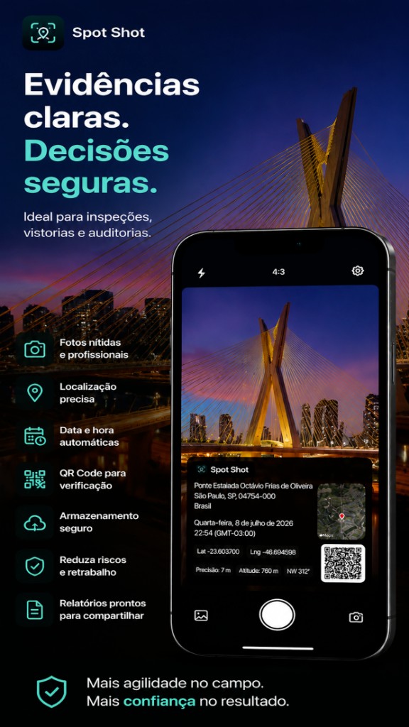 Spot Shot — Evidências claras. Decisões seguras. Ideal para inspeções, vistorias e auditorias.